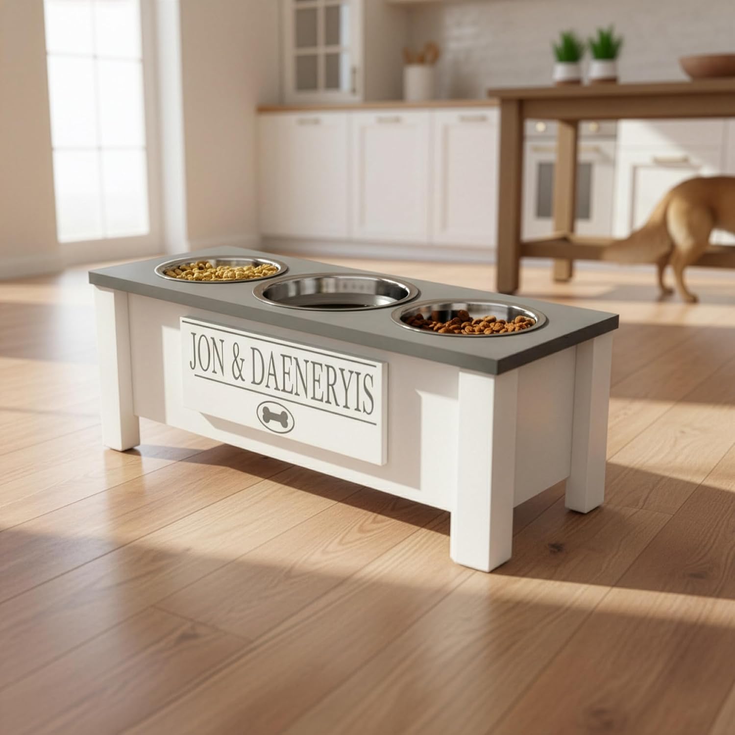 GTW Elevated Dog Bowl Stand for Medium Dogs - Customized Feeding Station with Storage & Stainless Steel Food Bowls (Medium, Grey)