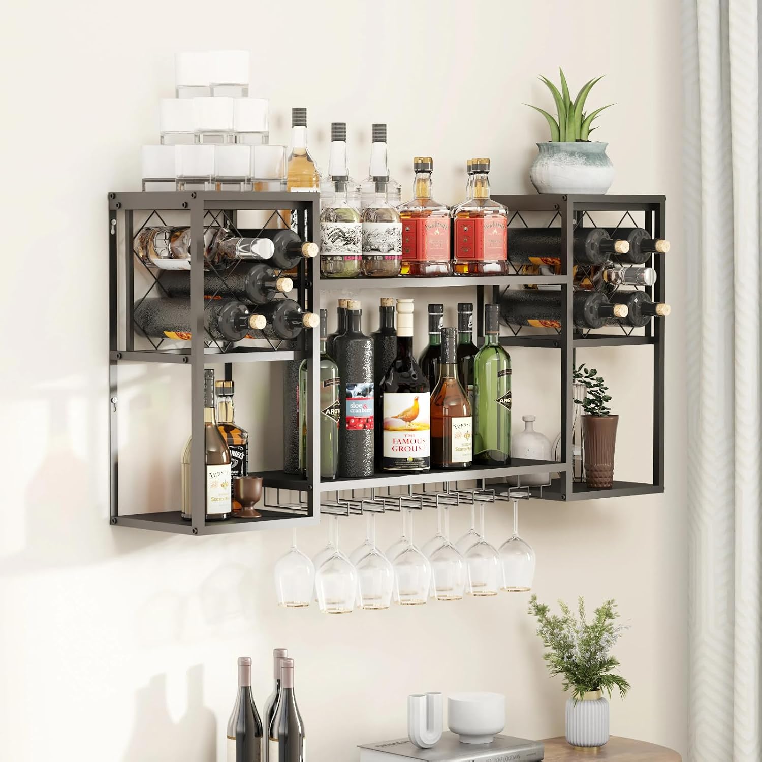 Wall Mounted Wine Rack with Glass Holder for Home Bar Storage | Display Spirits & Glasses in Restaurants, Home Kitchens or Studios. Provides Effortless Storage Access