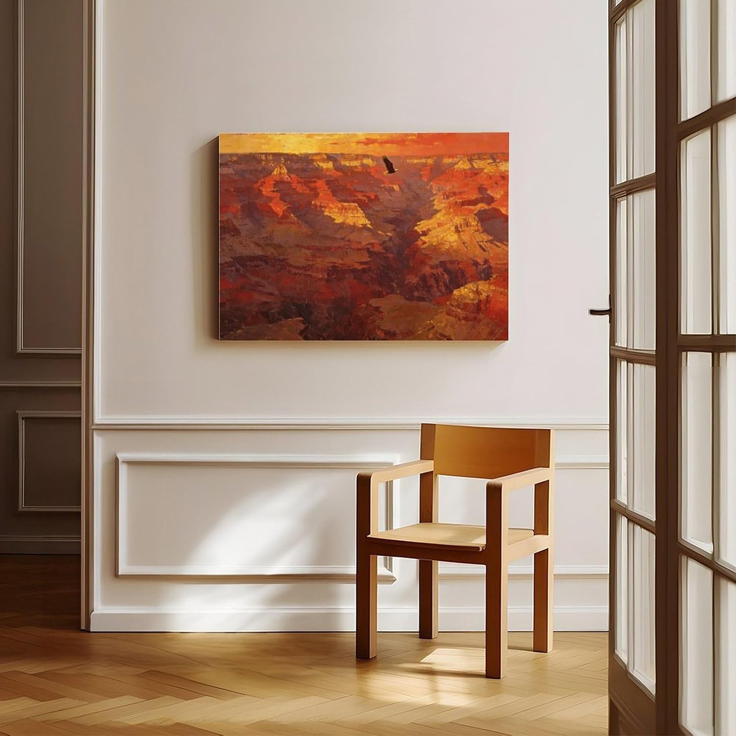 Canyon Sunset Landscape Wall Art Print, Dramatic Red Rock Vista with Soaring Eagle Painting Poster for Home Office Decor 24x36inch(60x90cm)