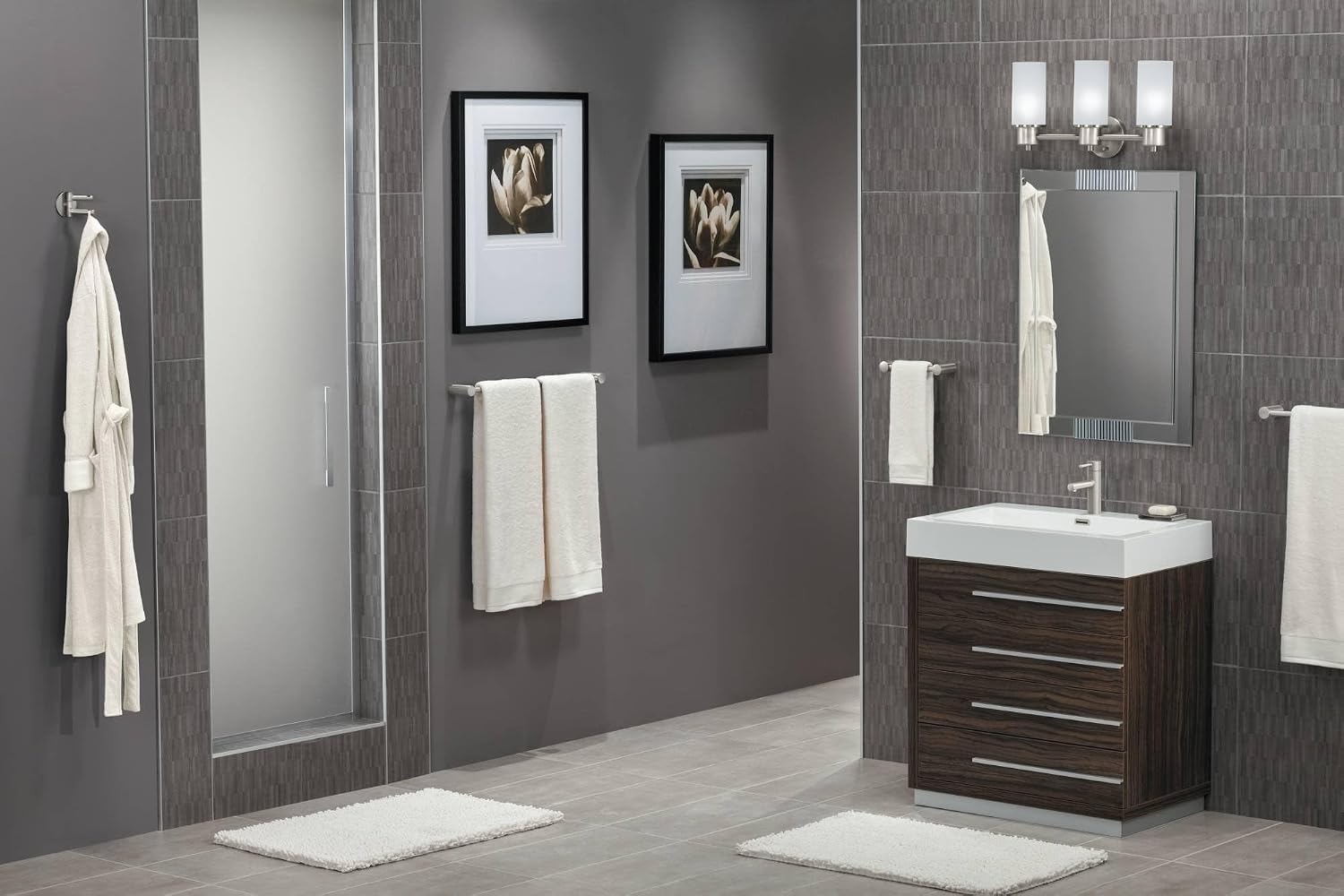 Moen Align Brushed Nickel Accessories Bundle Featuring Modern 24inch Bathroom Towel Bar, Robe Hook, Wall Mounted Double Post Pivoting Toilet Paper Holder, and 9inch Hand-Towel Bar