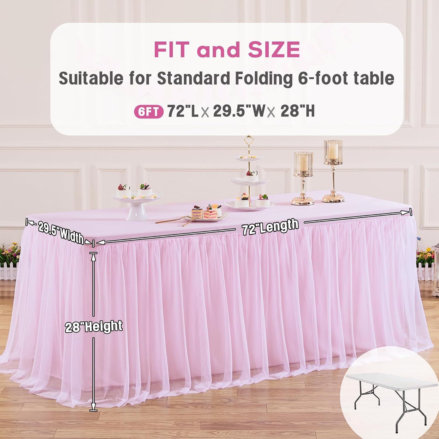 Suppromo 6 Pack 6ft Pink Tulle Tablecloths for Rectangle Tables 72 x 30 Inch Pink Rectangular Table Cloth, Wrinkle Free Table Cover with Tutu Skirt for Baby Shower Birthday Party Banquet Buffet Cake
