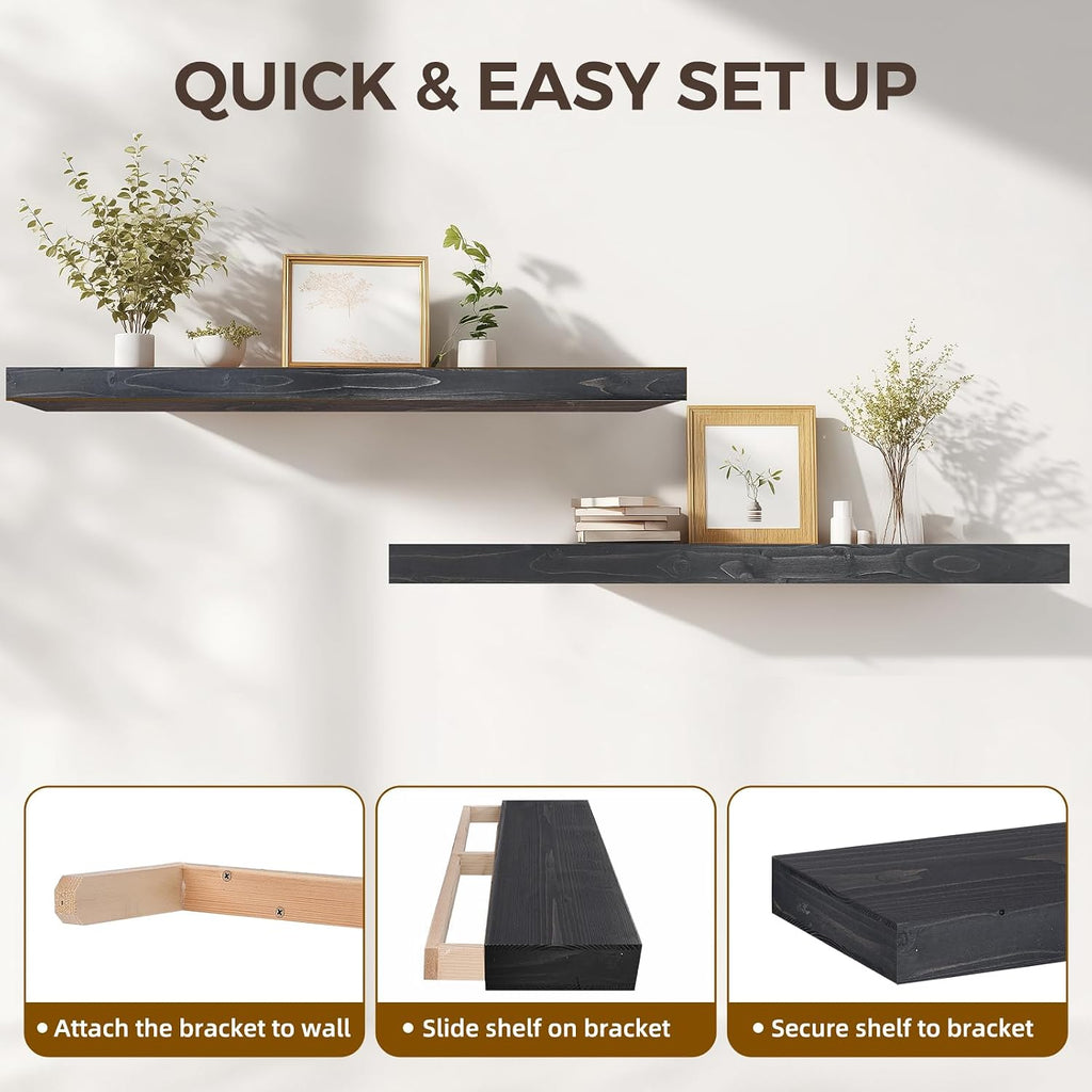 48x6.8x2in Floating Shelf – Natural Black Solid Wood Rustic Mounted Shelf – Heavy Duty Decorative Storage for Living Room, Kitchen, Bathroom, Bedroom