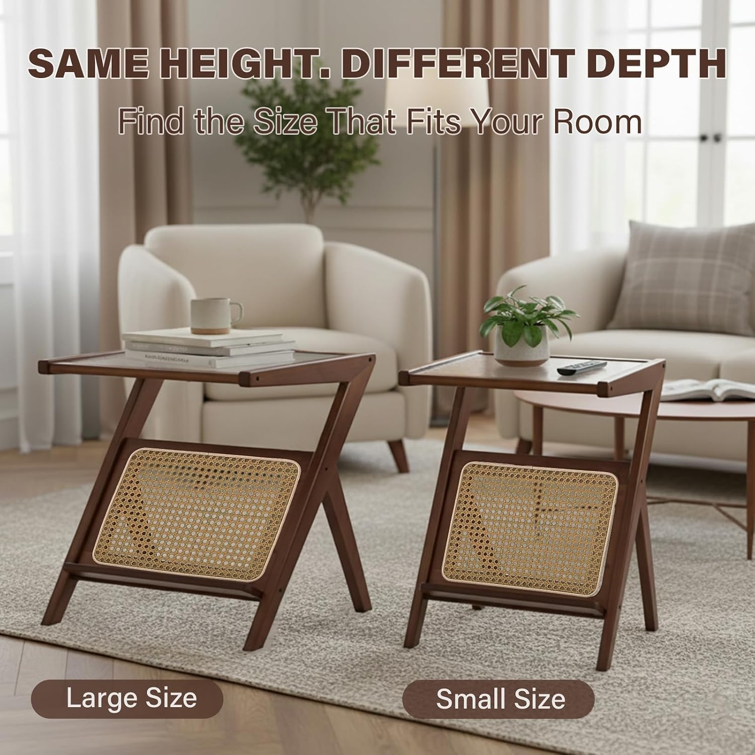 Tiita 2 Pack Rattan Side Table, Mid Century Nightstand, Bamboo Accent Bedside Tables, Glass Coffee Tables, Boho Wooden End Table with Storage for Small Space, Living Room and Bedroom