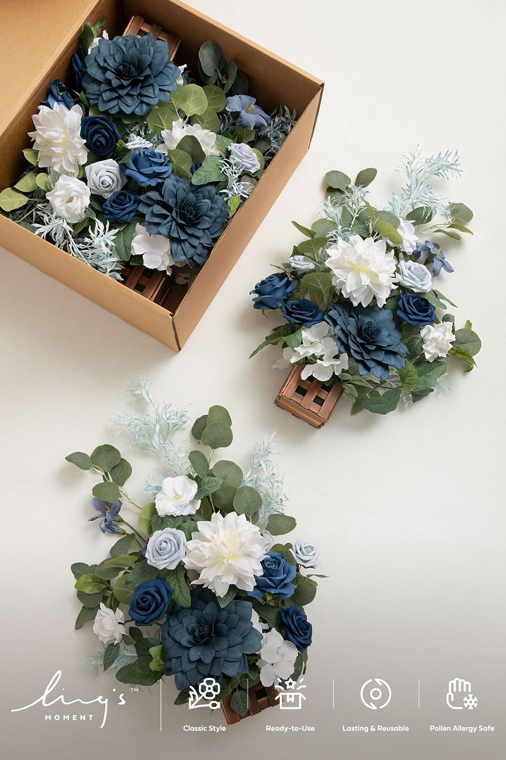 Ling's moment 17.5' Tall Standing Artificial Flowers Arrangements 4 pcs Wedding Aisle Runner Chair Decorations Dusty Blue Navy Centerpieces for Ceremony Reception Rose Floral Party Outdoor