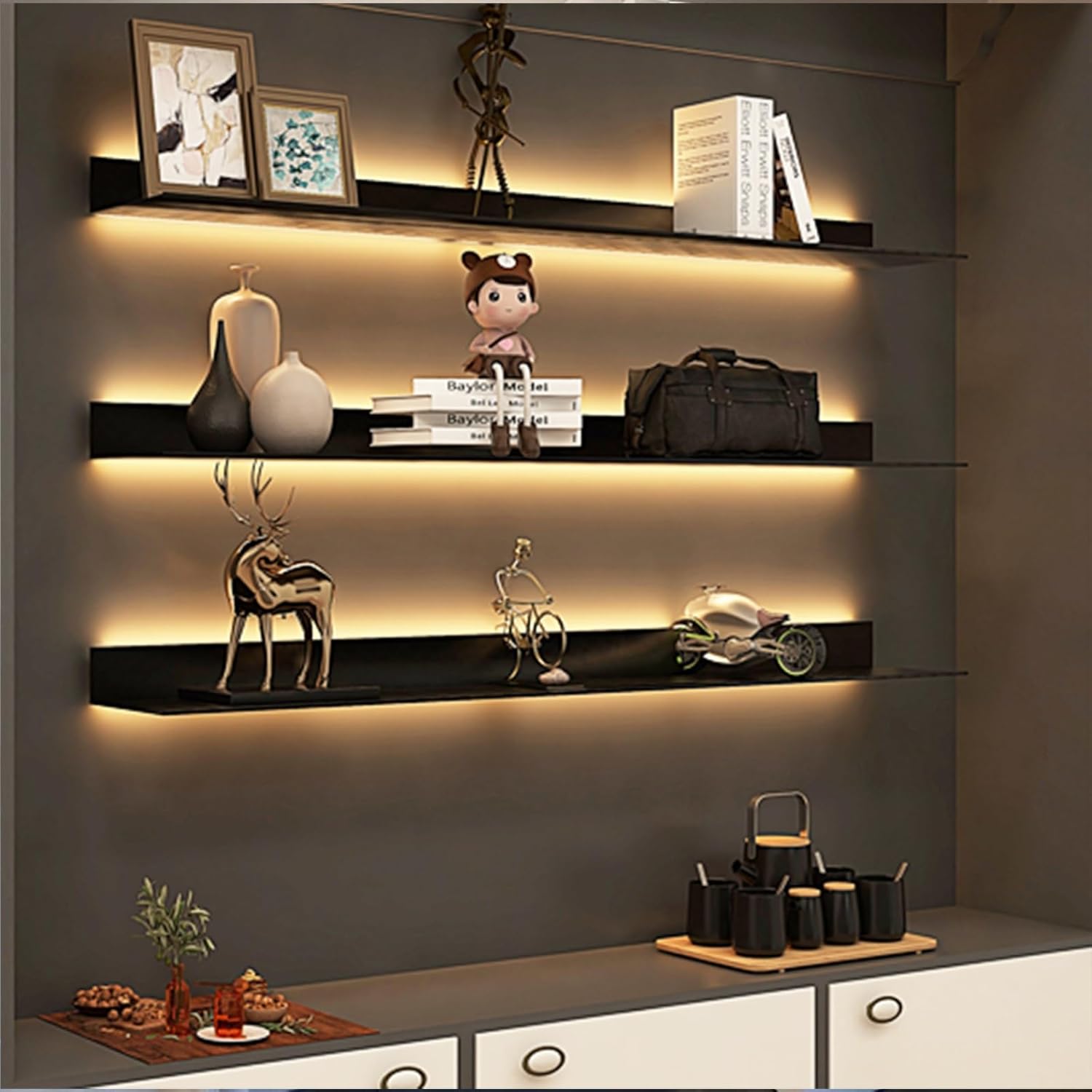 Corner Ledge Wall Shelf,Wall Mounted Light-Emitting Shelves, Storage Shelf Floating Display Shelf LED Light Up Can Hold A Lot of Things Objects are Not Easy to Fall (Color : Noir, Size : 120