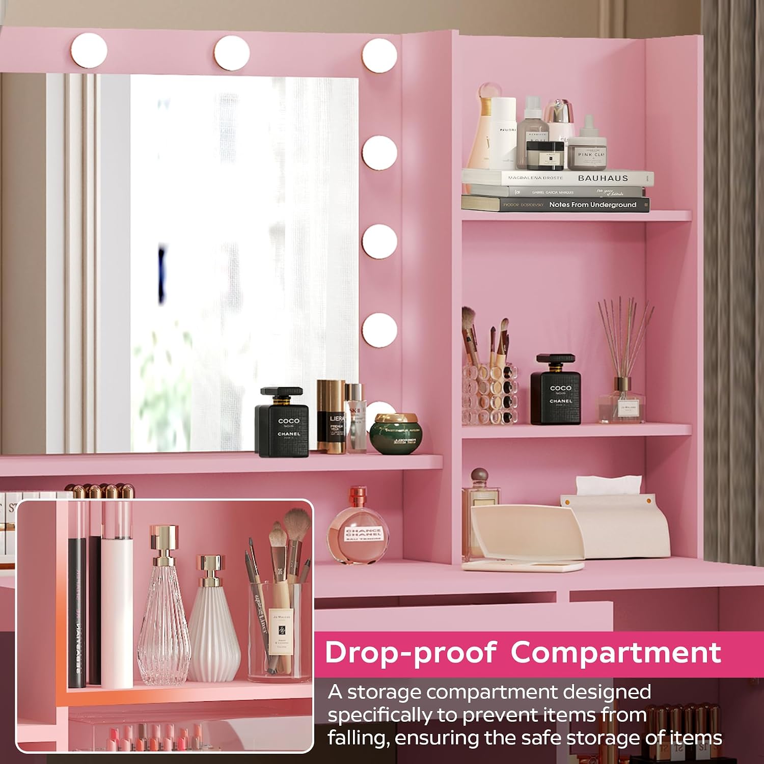 Palimder Vanity Desk with Mirror and Light, Large Drawer and Three Level Storage Dresser, 3 Lighting Modes Adjustable Brightness, Bedroom Dressing Table (Pink)