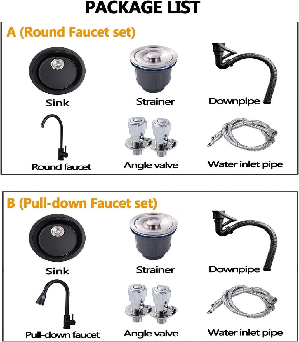 Bar Prep Sink with Accessories, Black Quartz Kitchen Sink Drop in, Small Bar Sink Drop in with Faucet, Dent-Resistant Bar Sink Round Undermount Round Sink Bowls for Bar, Bathroom, Balcony