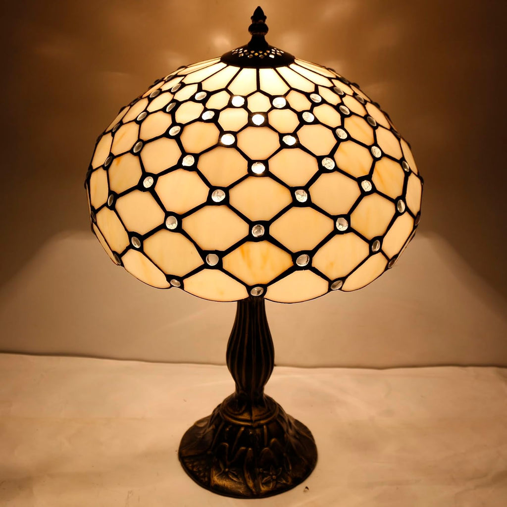 WERFACTORY Tiffany Lamp Cream Amber Stained Glass Bead Table Lamp Desk Bedside Reading Light 12X12X18 Inches Deco Bedroom Living Room Home Office S005 Series