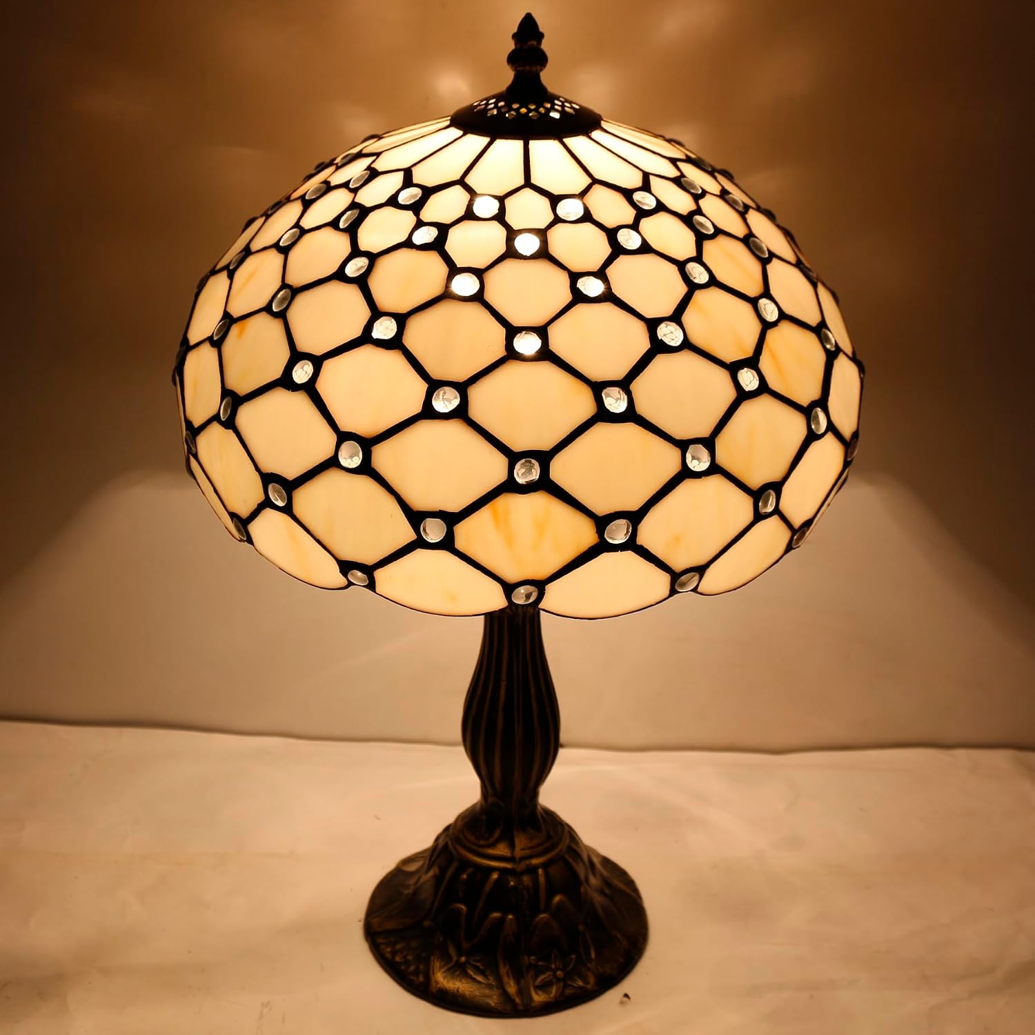 WERFACTORY Tiffany Lamp Cream Amber Stained Glass Bead Table Lamp Desk Bedside Reading Light 12X12X18 Inches Deco Bedroom Living Room Home Office S005 Series