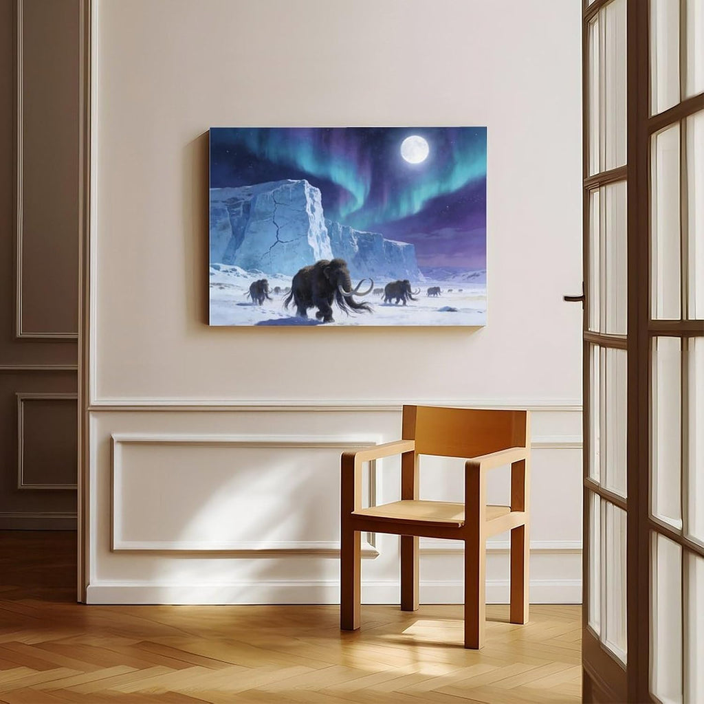 Aurora Mammoth Wall Art Print, Ice Age Prehistoric Scene Under Northern Lights And Full Moon, Fantasy Winter Poster 24x36inch(60x90cm)