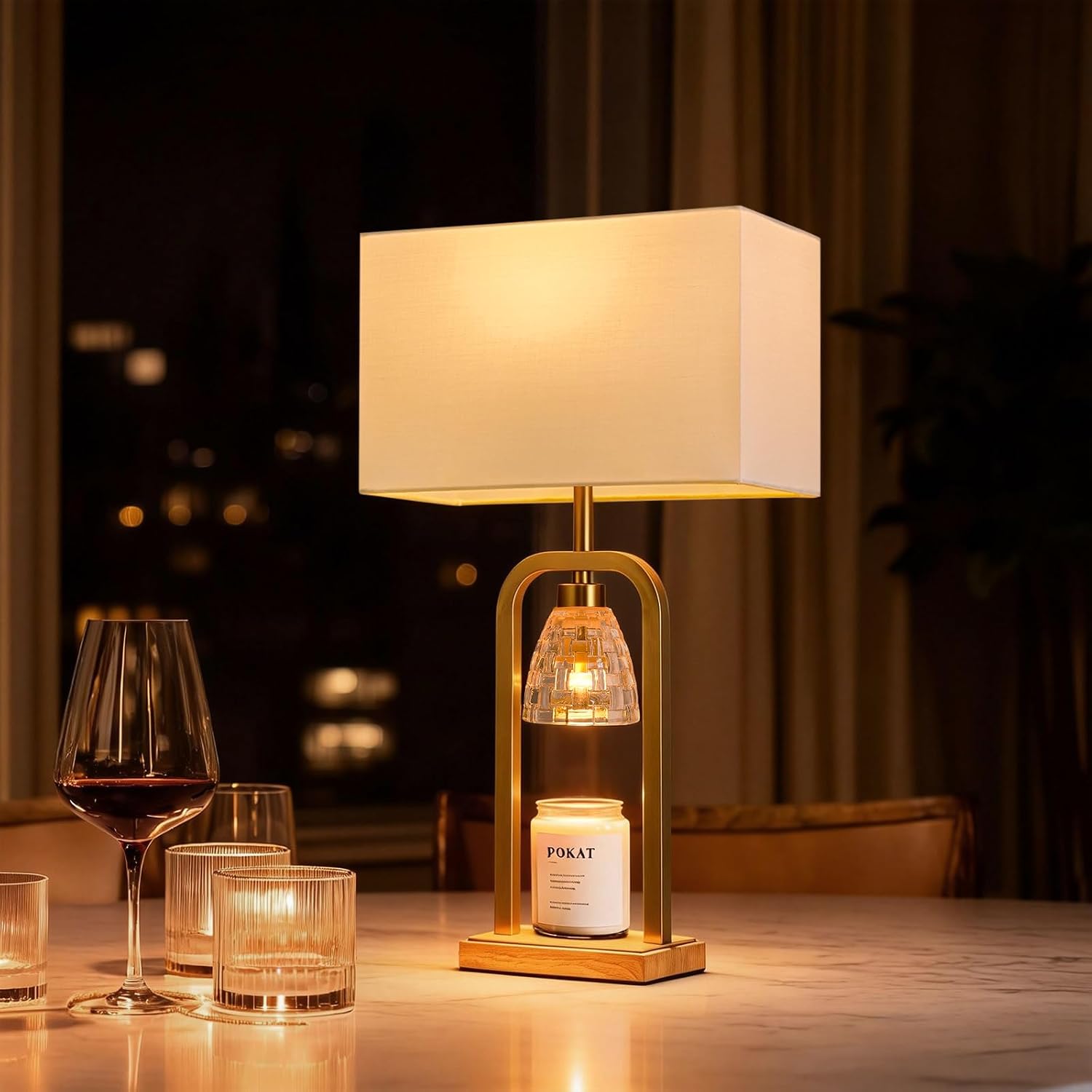 PoKat Electric Candle Warmer Lamps Gold, Lamp Candle Warmers with Timer Dimmer, Wax Light Warming Table Lamps Set of 2 for Jar Candles, Modern Bedside Lamp for Home Decor Living Room, Bulb Included