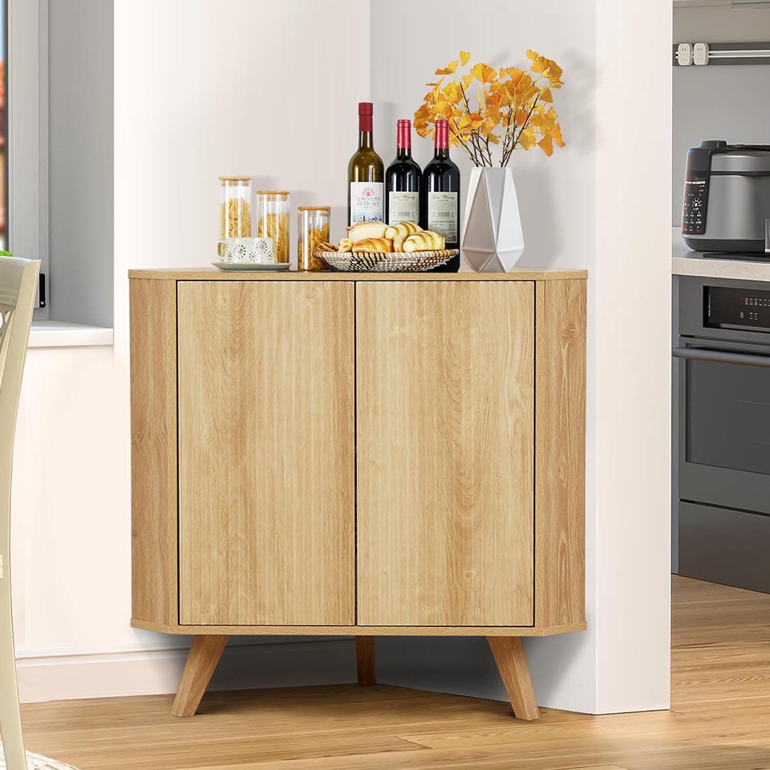 XUZENEST Fluted Floor Corner Cabinet, Small Corner Floor Cabinet with Adjustable Shelve, Freestanding Narrow Cabinets Organizer for Living Room Kitchen Bathroom, Natural
