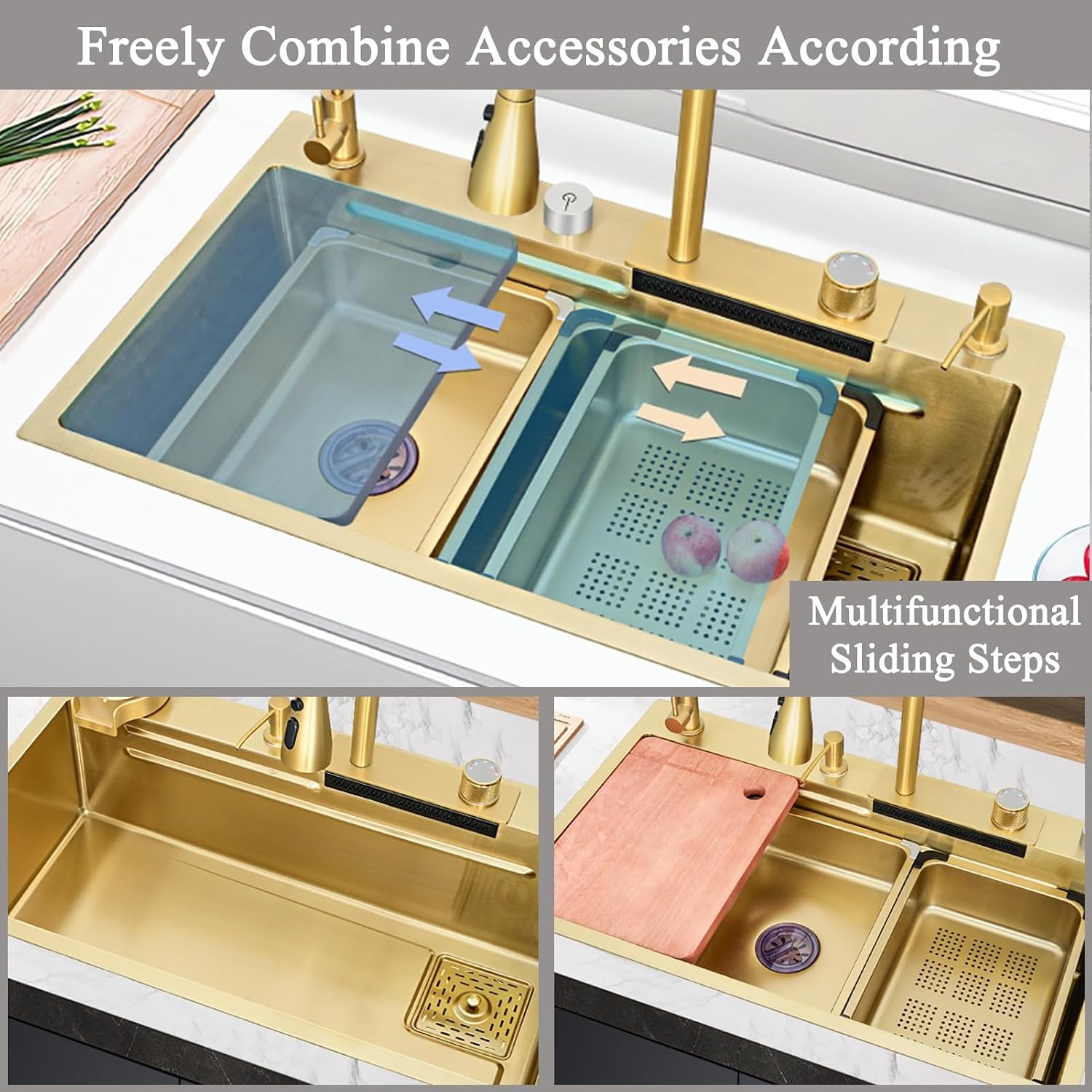 Waterfall Kitchen Sink Top-Mount Stainless Steel Kitchen Bar Sink Nano Single Bowl Sink Multi-Function Workstation Sink with Pull-Out Faucet, 2 Drain Basket(