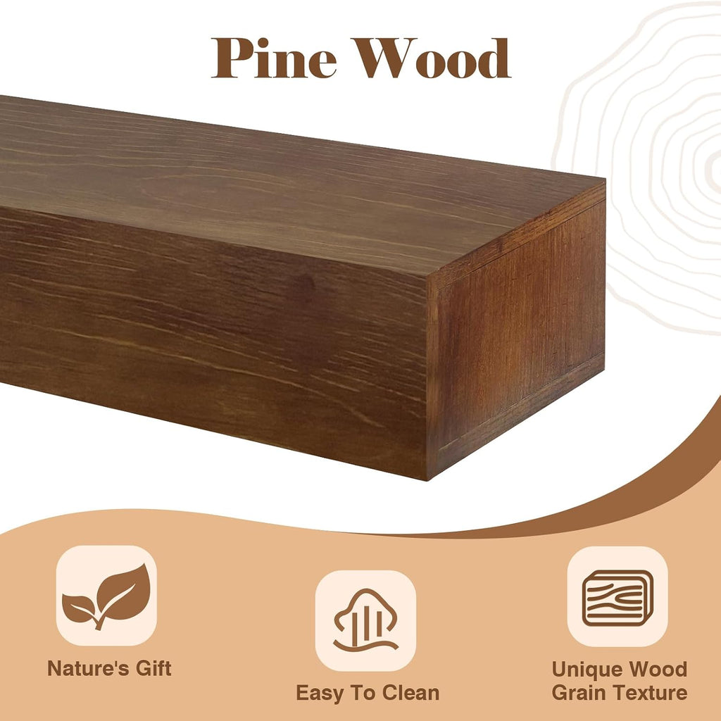 Fireplace Mantel 72inch - Solid Wood Mantel Shelf with Hidden Brackets | Floating Mantle Shelves Decor for Wall, Bedroom, TV, Livingroom(Brown
