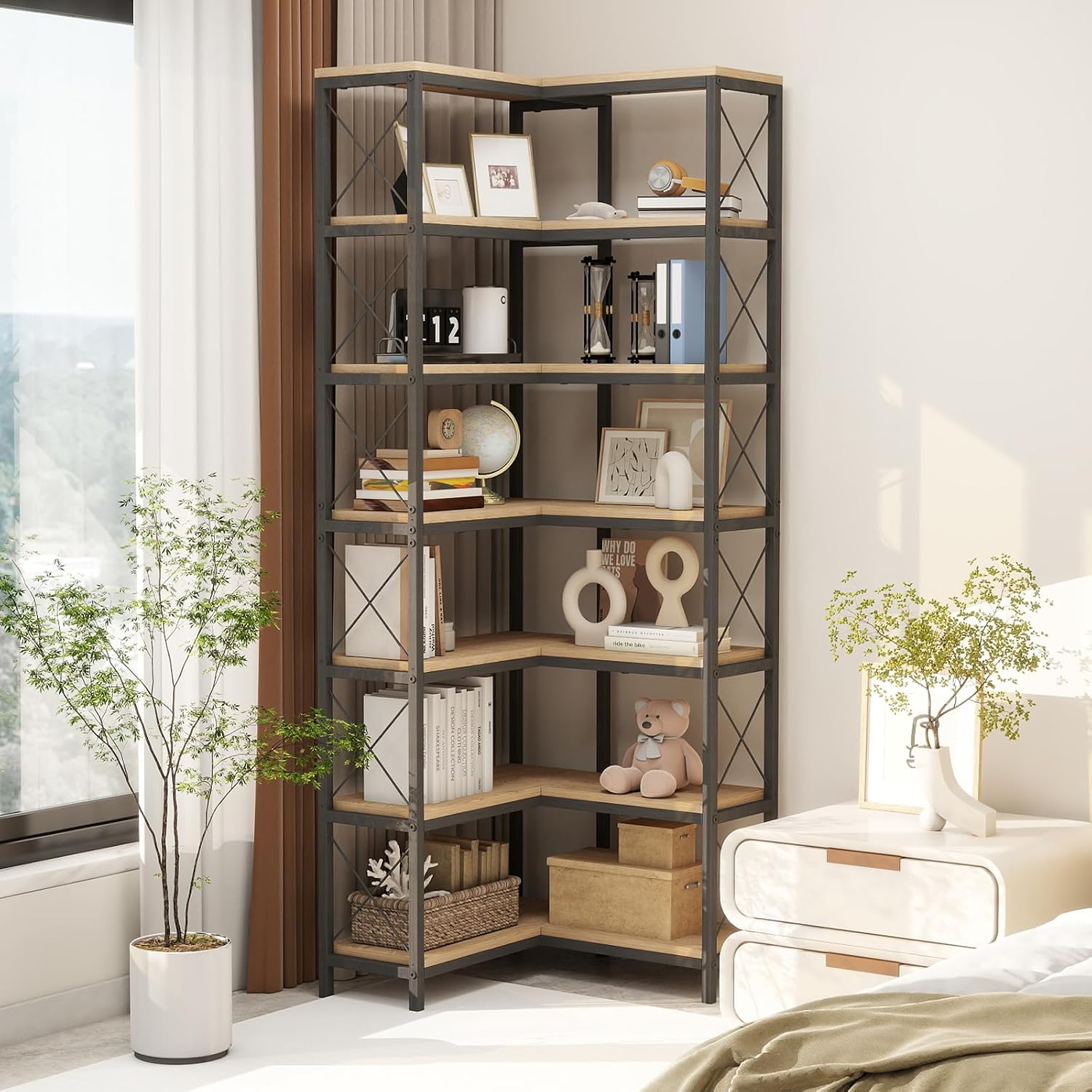 7 Tier Corner Bookshelf with LED Lights, 78.7' High Corner Shelf Storage for Living Room, Study Room, Metal Frame Extra Large Capacity, Flamed Color