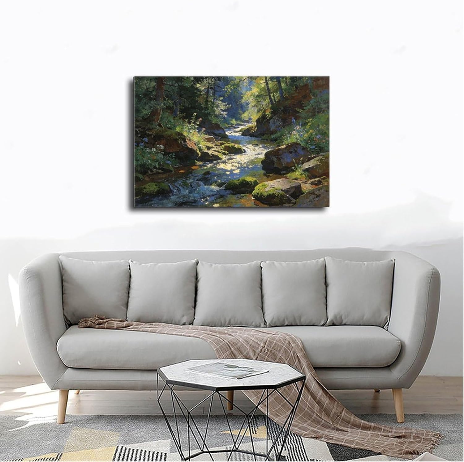Forest Stream Wall Art Print, Sunlit Woodland Creek And Mossy Rocks Landscape Painting, Nature Poster for Living Room Bedroom Cabin Decor 24x36inch(60x90cm)