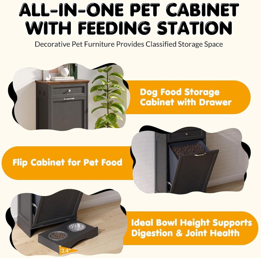 Tilt Out Trash Can Cabinet with Dog Bowl, 10 Gallons Dog Feeding Station with Storage, Dog Food Cabinet with Hideaway Drawer for Kitchen, Living Room,Laundry Room