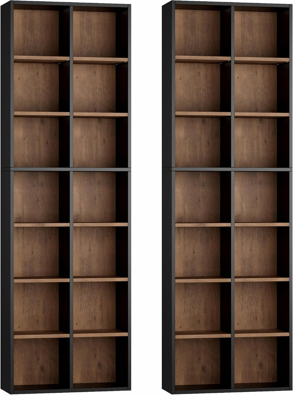 FOTOSOK 71'' Tall Bookshelf Set of 2, 7 Tier Large Bookshelf with Adjustable Shelves, Wide Bookcases and Bookshelf, DVD/CD Media Tower Storage, Cube Book Shelf Display Shelf Cabinet, Black/Brown
