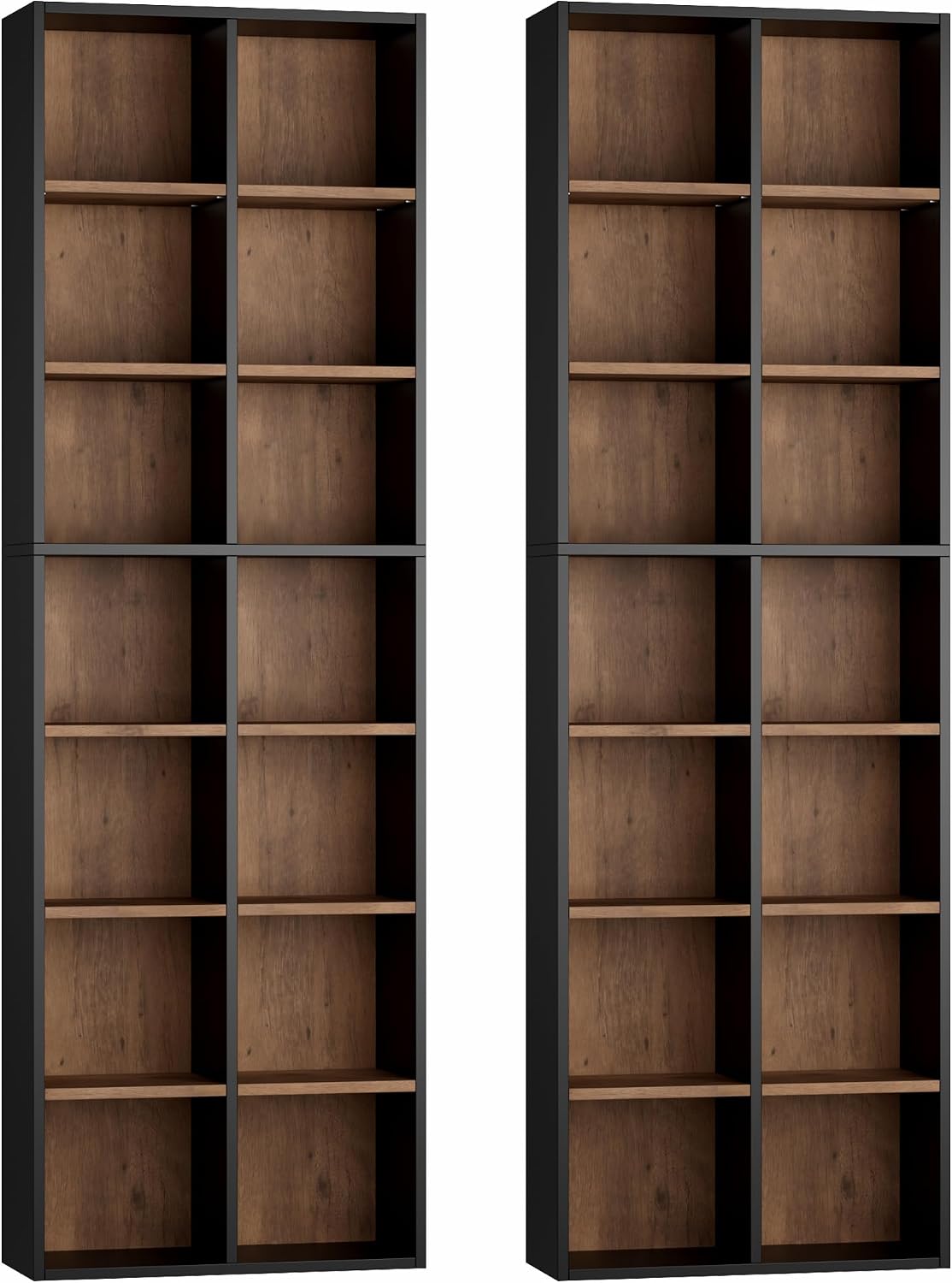 FOTOSOK 71'' Tall Bookshelf Set of 2, 7 Tier Large Bookshelf with Adjustable Shelves, Wide Bookcases and Bookshelf, DVD/CD Media Tower Storage, Cube Book Shelf Display Shelf Cabinet, Black/Brown