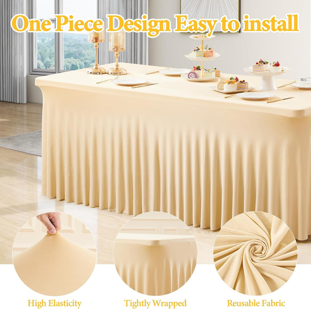Shillance 6 Packs Champagne Spandex Tableclothes for 8 Foot Rectangle Table, Spandex Table Covers 8FT Stretch Table Skirts Wrinkle Free Fitted Table Cloth for Event, Wedding, Banquet & Parties