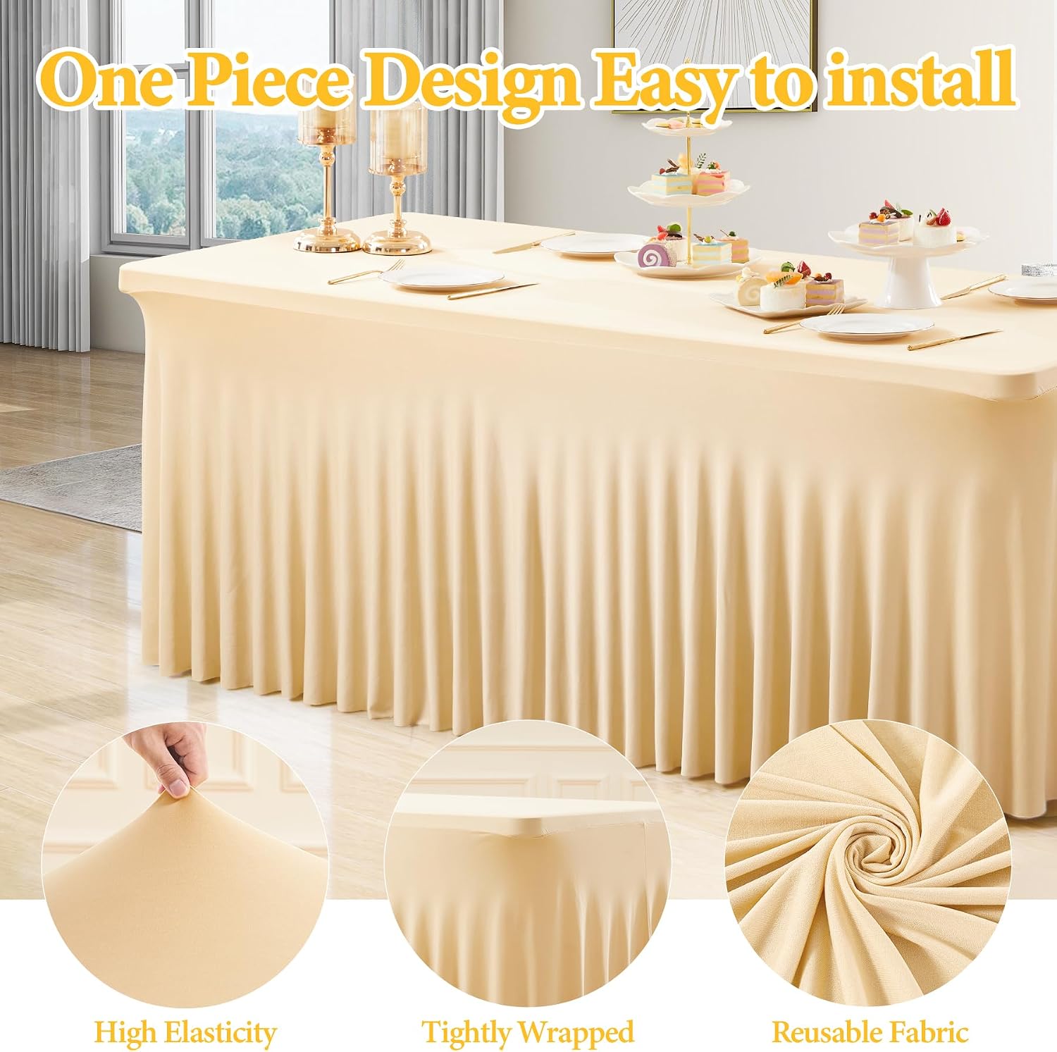 Shillance 6 Packs Champagne Spandex Tableclothes for 8 Foot Rectangle Table, Spandex Table Covers 8FT Stretch Table Skirts Wrinkle Free Fitted Table Cloth for Event, Wedding, Banquet & Parties