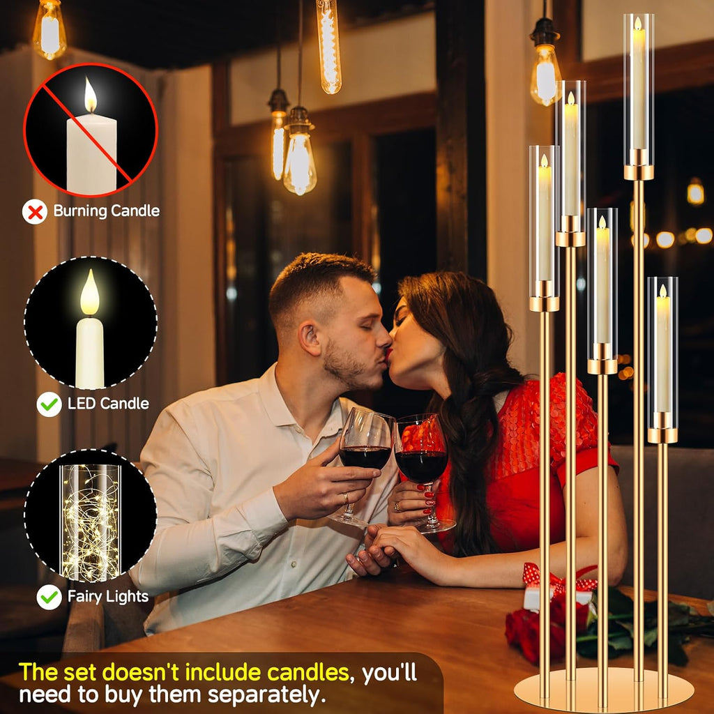 6 Set 5 Arms Golden Candle Holder with Acrylic Lampshade, 41.3'' Tall Candlesticks Holder for Christmas Wedding Housewarming Gift,Metal Candle Holders Candlestick Centerpiece,Fit 0.87'' LED Candle