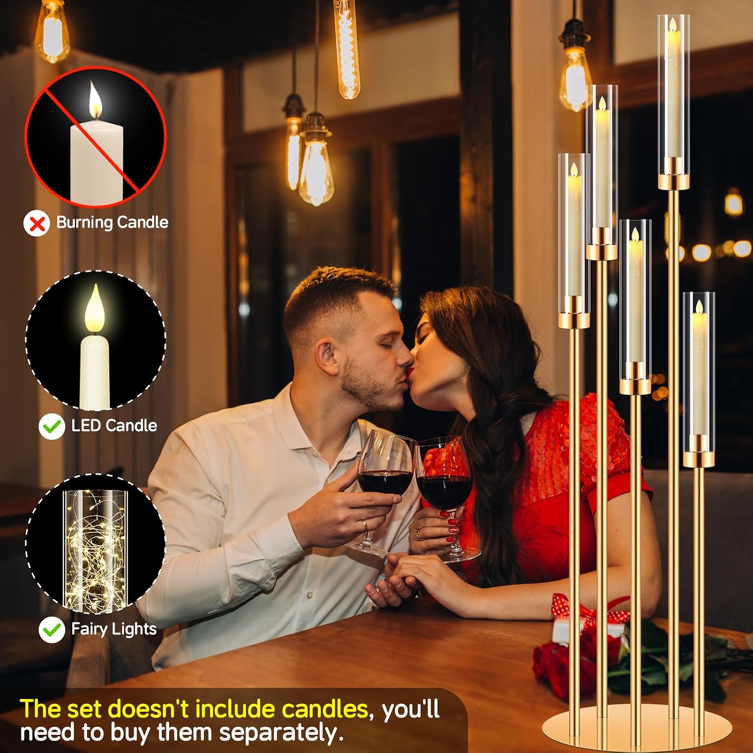 6 Set 5 Arms Golden Candle Holder with Acrylic Lampshade, 41.3'' Tall Candlesticks Holder for Christmas Wedding Housewarming Gift,Metal Candle Holders Candlestick Centerpiece,Fit 0.87'' LED Candle