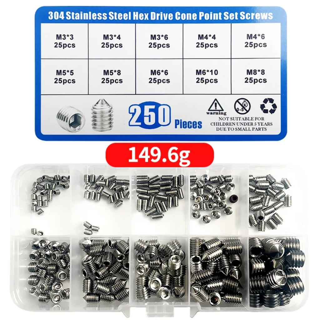 250pcs Stainless Steel Socket Head Hex Set Screws M3 M4 M5 M6 M8 Cup Assortment Kit Grub Screw Cup Point Grub Screw Kit Set (10 Boxes)
