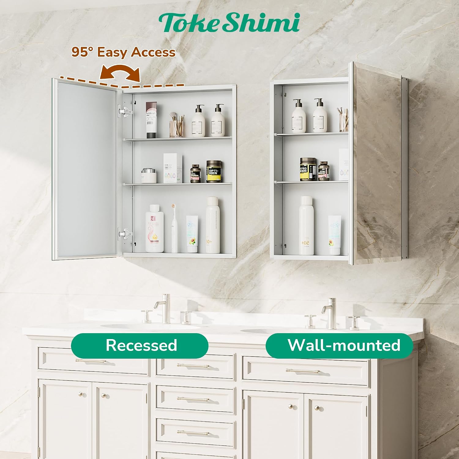 TokeShimi 12 x 36 Medicine Cabinet with Tempered Beveled Mirror, Assembly Required, Silver Medicine Cabinet for Bathroom, Stepless Adjustable Shelves, DTC Hinge, Recessed/Surface-Mounted