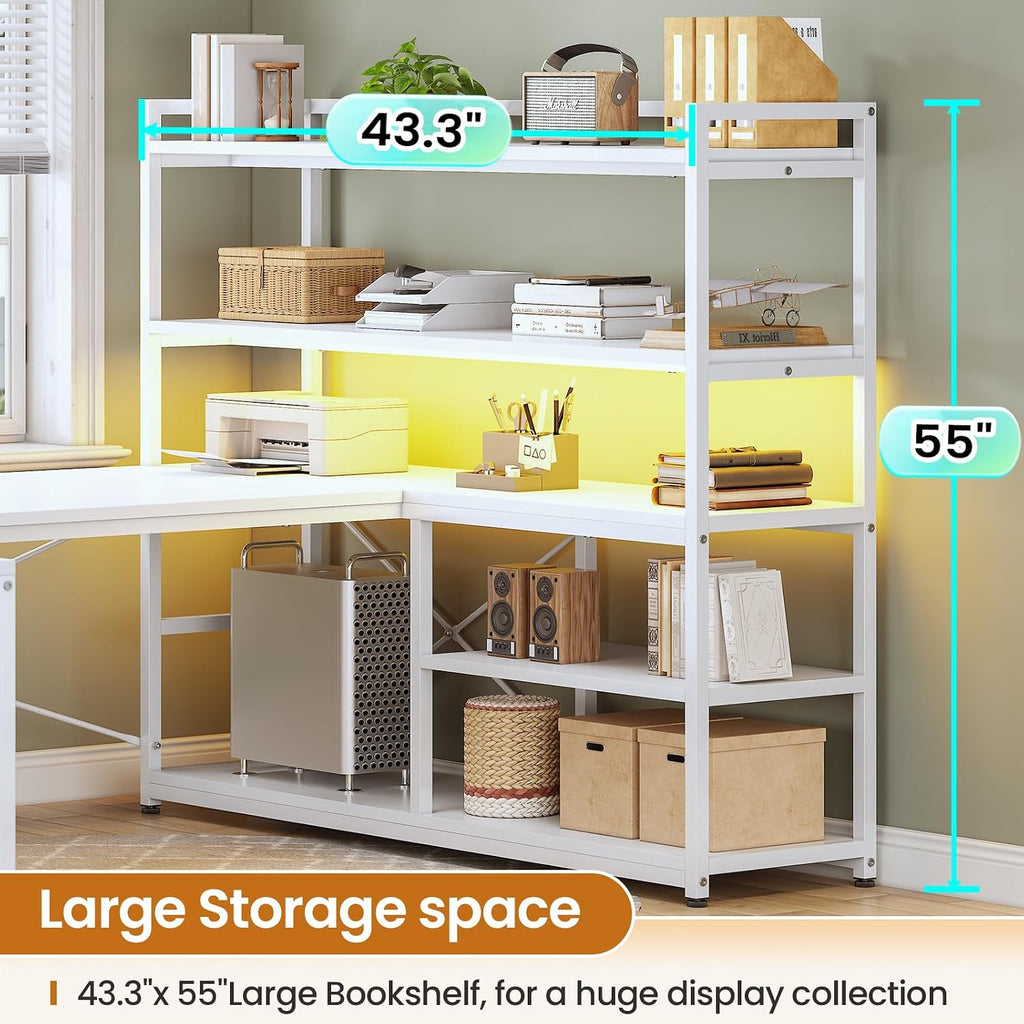 SEDETA L Shaped Computer Desk, 63' Reversible Office Desk or Corner Desk with Storage Shelves, White Gaming Desk with LED Lights, Power Outlet