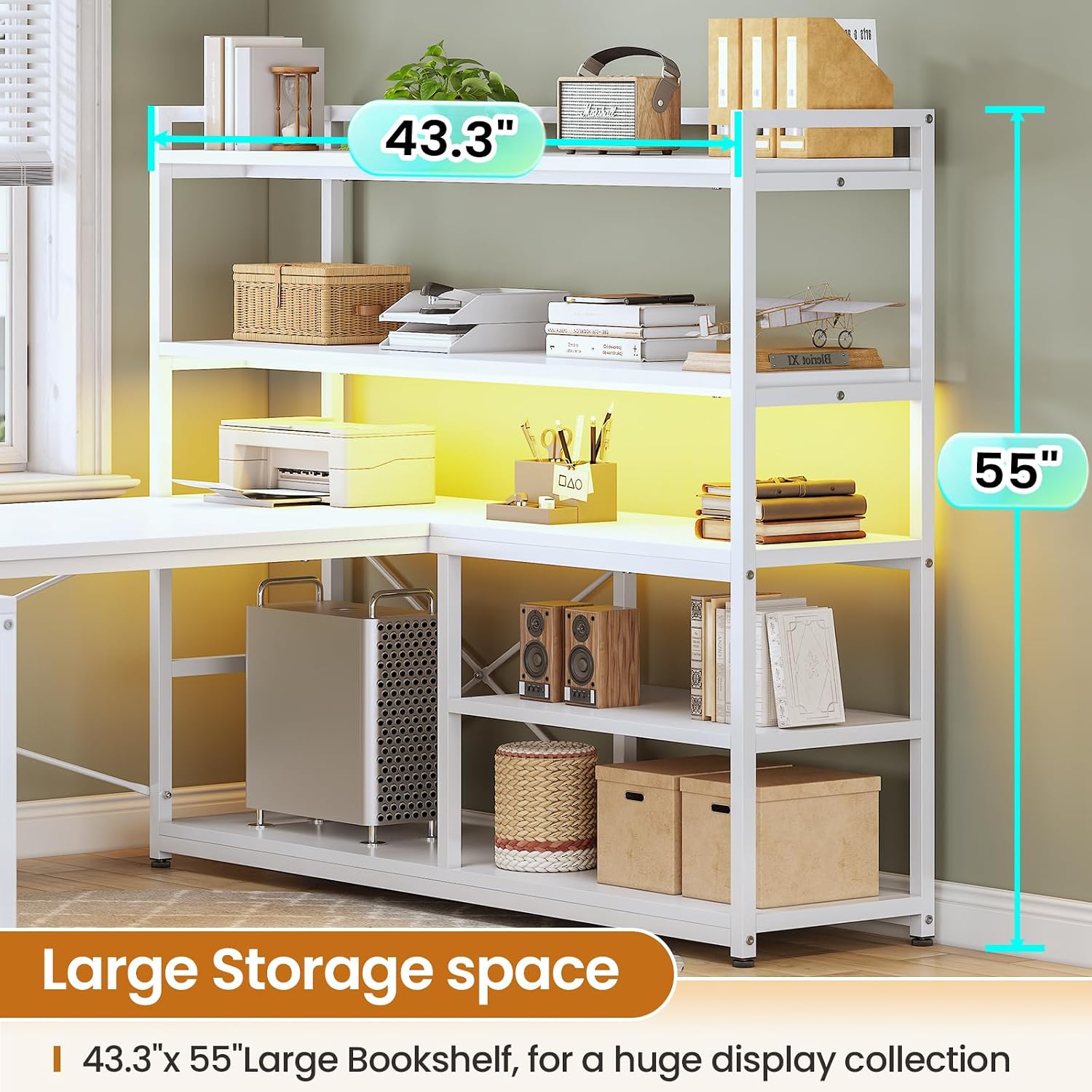 SEDETA L Shaped Computer Desk, 63' Reversible Office Desk or Corner Desk with Storage Shelves, White Gaming Desk with LED Lights, Power Outlet