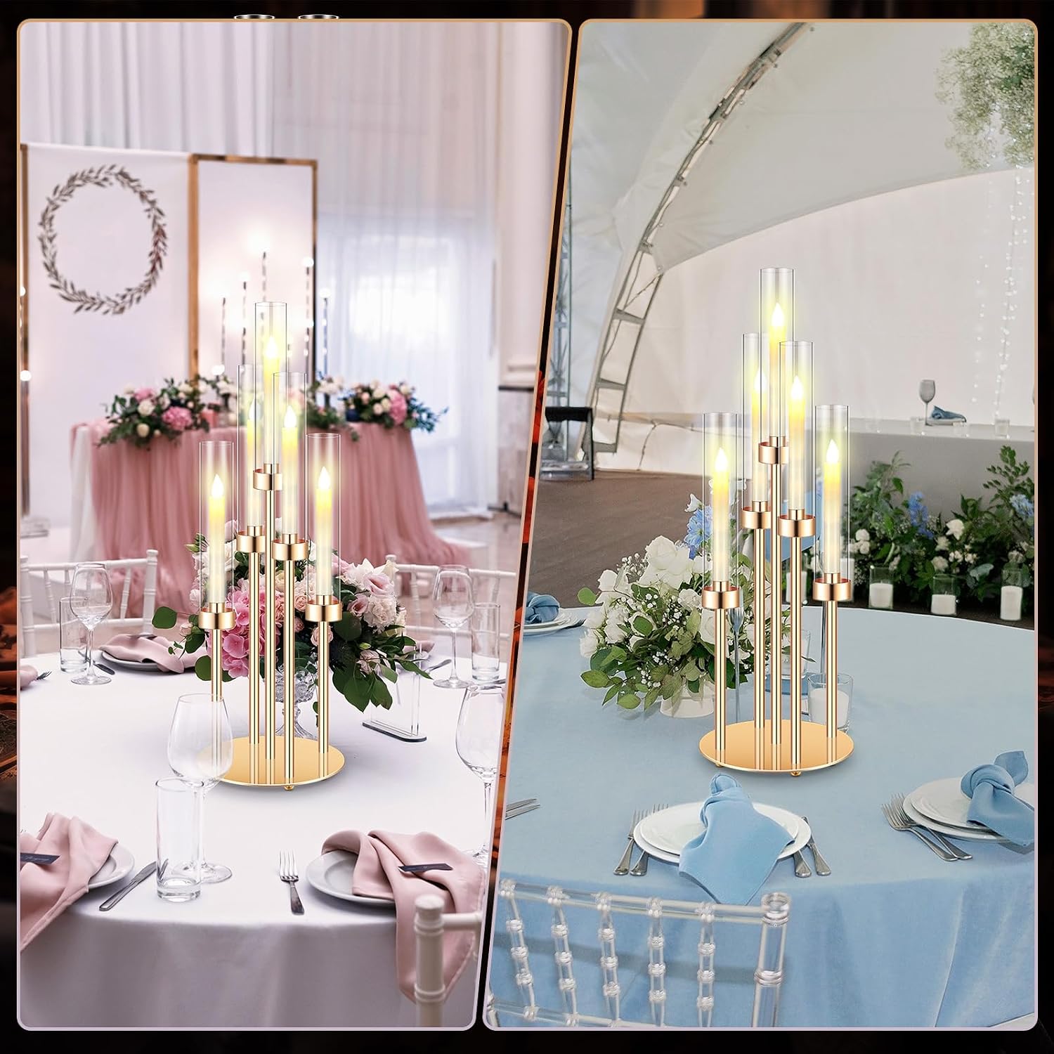 Tandefio 4 Set 5 Arm Gold Candelabra Table Centerpiece with LED Candle, 26.8' Tall Acrylic Cylinder Candle Holder with Lampshades Fit 0.8 for Wedding, Anniversaries, Dinner, Party, Easter, Home Decor