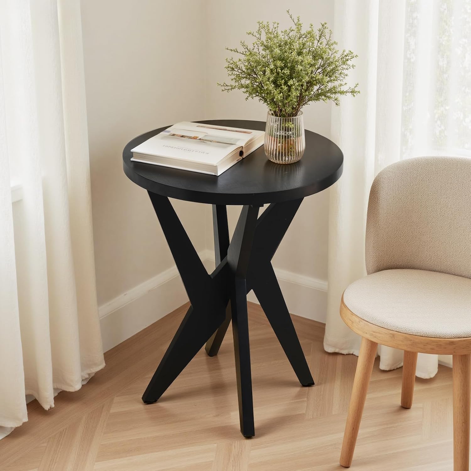 Ahokua Modern Black Round End Table Set of 2, Mid-Century Accent Side Table with MDF Top and Crossed Legs for Living Room, Bedroom, Small Spaces, Industrial & Minimalist Style