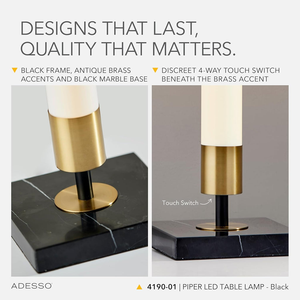Adesso LED Table Lamp – Black with Antique Brass and Frosted Shade, 4-Way Brightness, 12W Integrated LED Accent Light for Living Room, Bedroom, and Home Office, 30' Tall