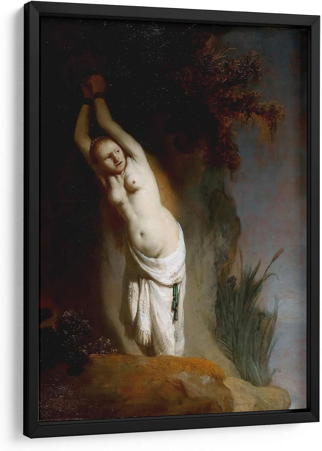 Canvas Lab | Andromeda Chained to the Rocks by Rembrandt van Rijn | 19 x 29 in | Fine Art Framed Print, Frame Color: Black | Classical art, Baroque | Wall Decor for Bedroom, Living Room or Office