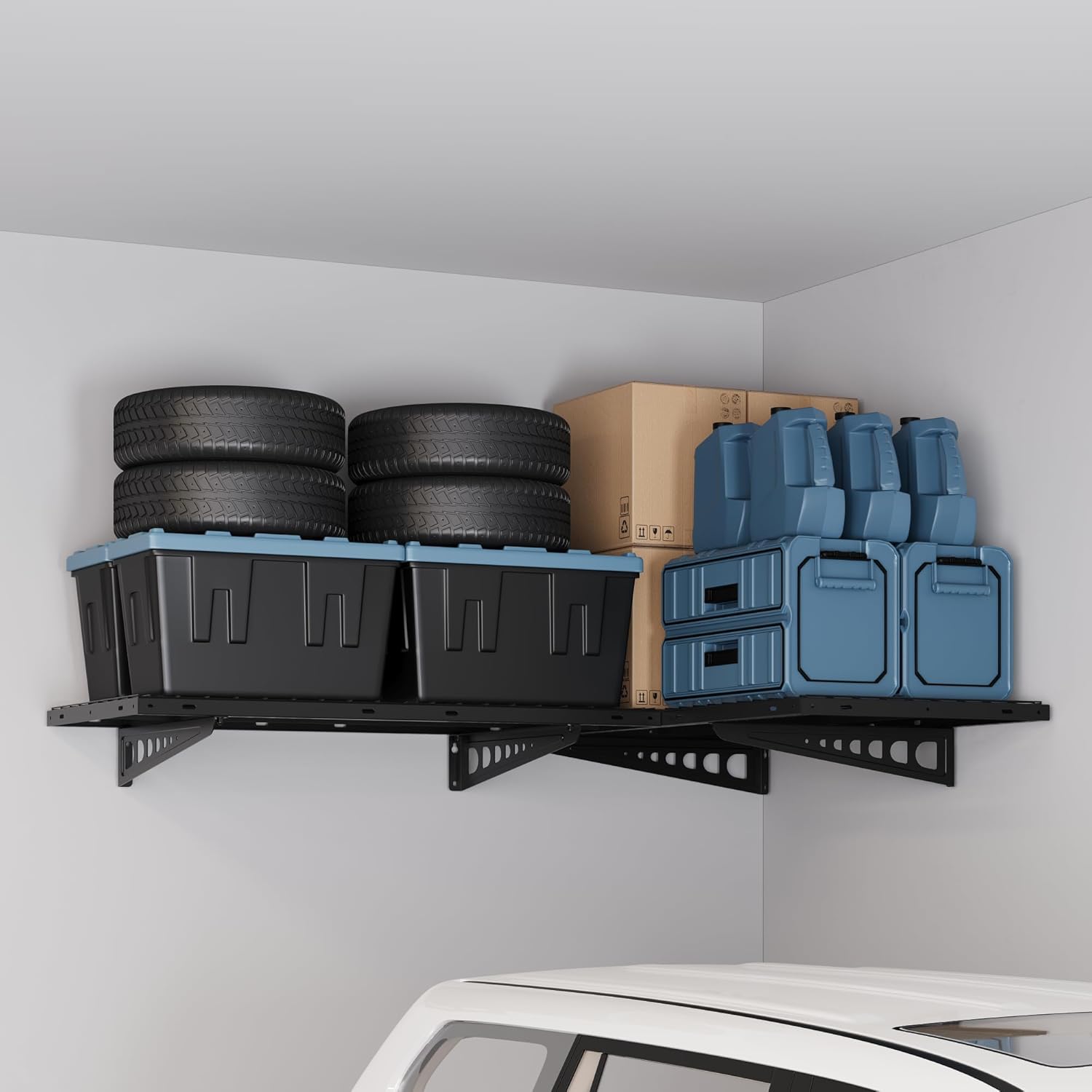 FLEXIMOUNTS 2x8 Overhead Garage Storage Rack, plus 2-Pack 2x4ft Corner Wall Mounted Floating Shelves, 450lbs+440lbs Capacity, Heavy-Duty Garage Organizer, Black