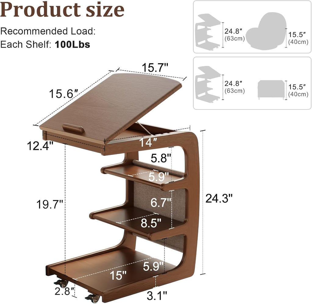 AQIMUELE Rolling Side Table, C Shaped End Table, C Table with 4 Wheels Solid Wood Small Rolling Desk with Adjustable Desktop,C Shaped End Table for Couch(15.6' D x 15.7' W x 24.3' H