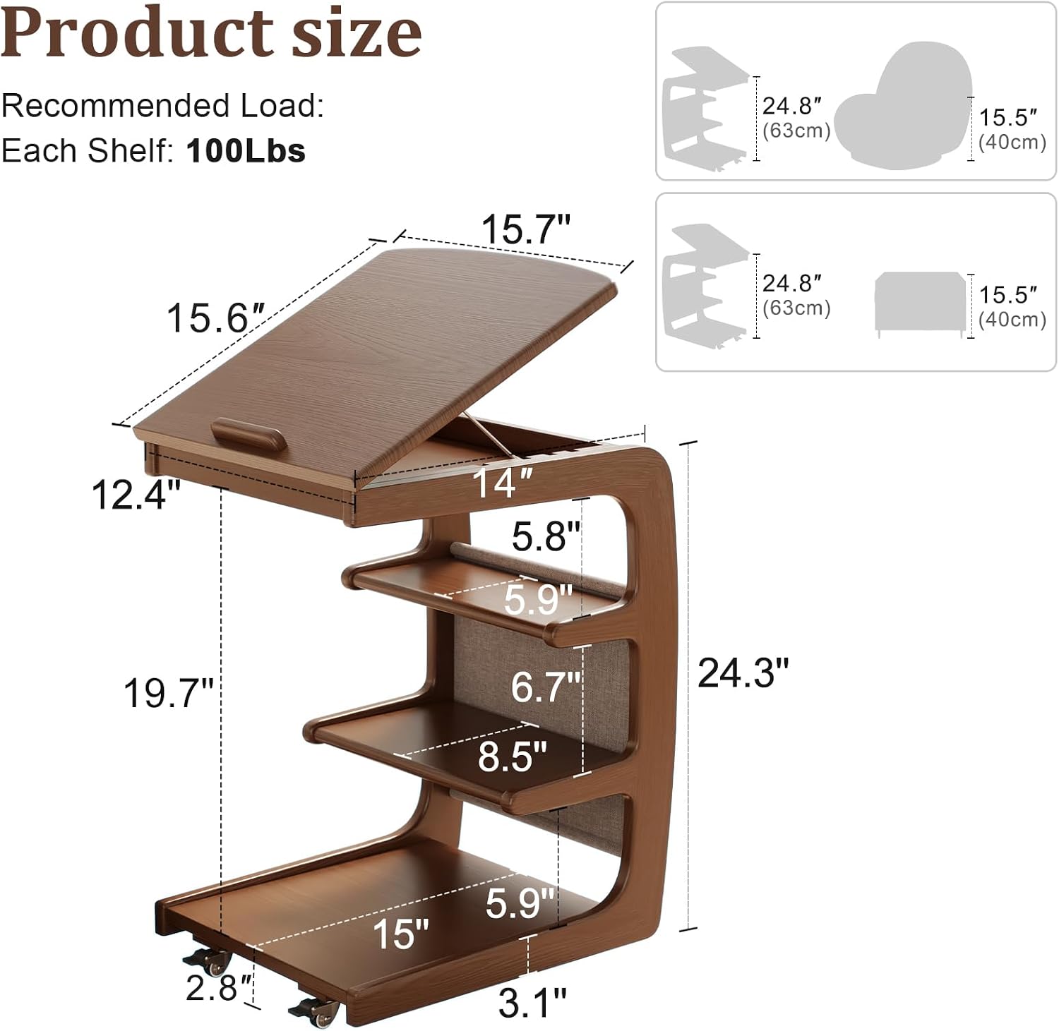 AQIMUELE Rolling Side Table, C Shaped End Table, C Table with 4 Wheels Solid Wood Small Rolling Desk with Adjustable Desktop,C Shaped End Table for Couch(15.6' D x 15.7' W x 24.3' H