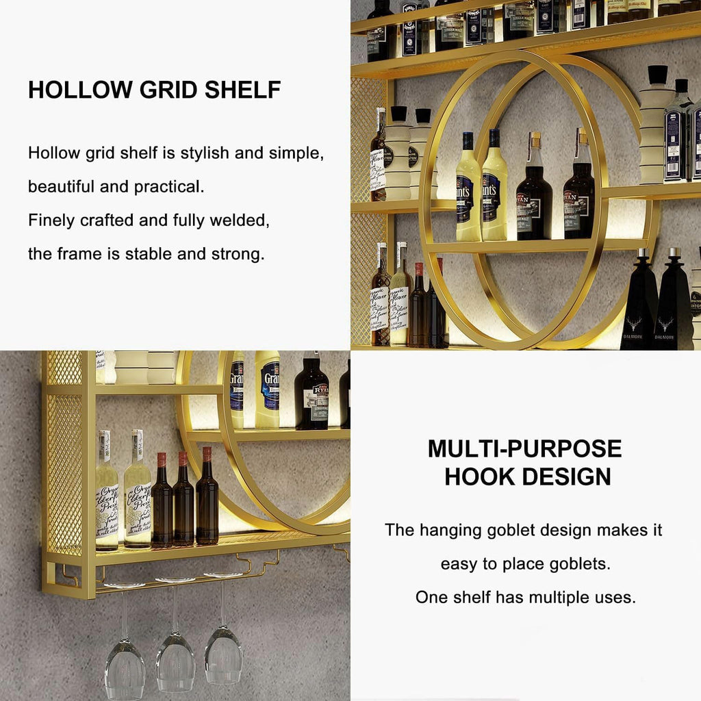 Wine Rack Wall Mounted with LED Light, 3-Tier Metal Bar Shelves for Liquor Bottles with Wine Glass Holder, Modern Large Capacity Liquor Display Shelf for Home Bar, Dining Room, Kitchen (Gold, 47.2in)