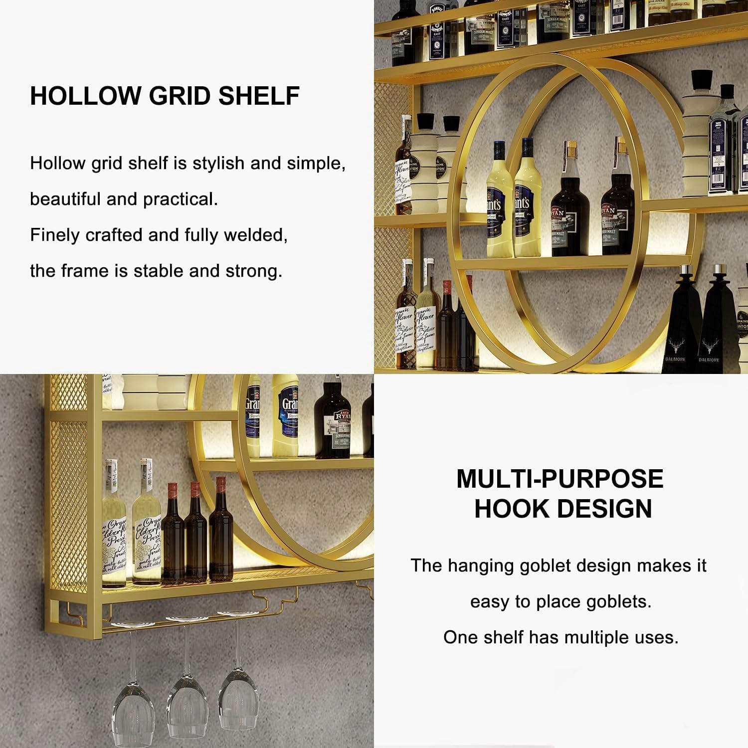 Wine Rack Wall Mounted with LED Light, 3-Tier Metal Bar Shelves for Liquor Bottles with Wine Glass Holder, Modern Large Capacity Liquor Display Shelf for Home Bar, Dining Room, Kitchen (Gold, 47.2in)
