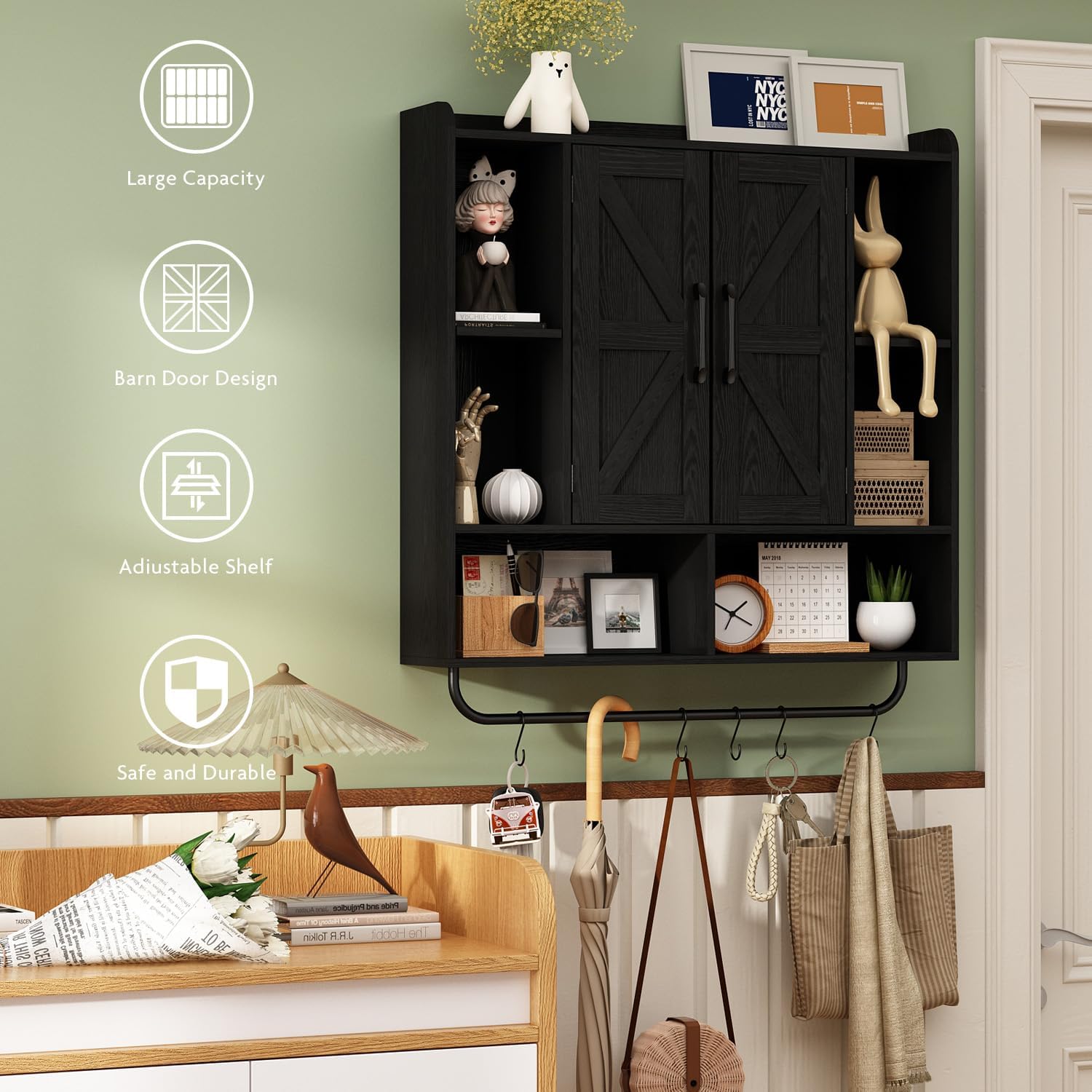 RUSTOWN Rustic Wood Wall Bathroom Cabinet, Farmhouse Medicine Cabinet Wall Mounted, Space Saving Wall Storage Cabinet with 2 Barn Door, 3-Tier Adjustable Shelves and Towel Bar (Black)