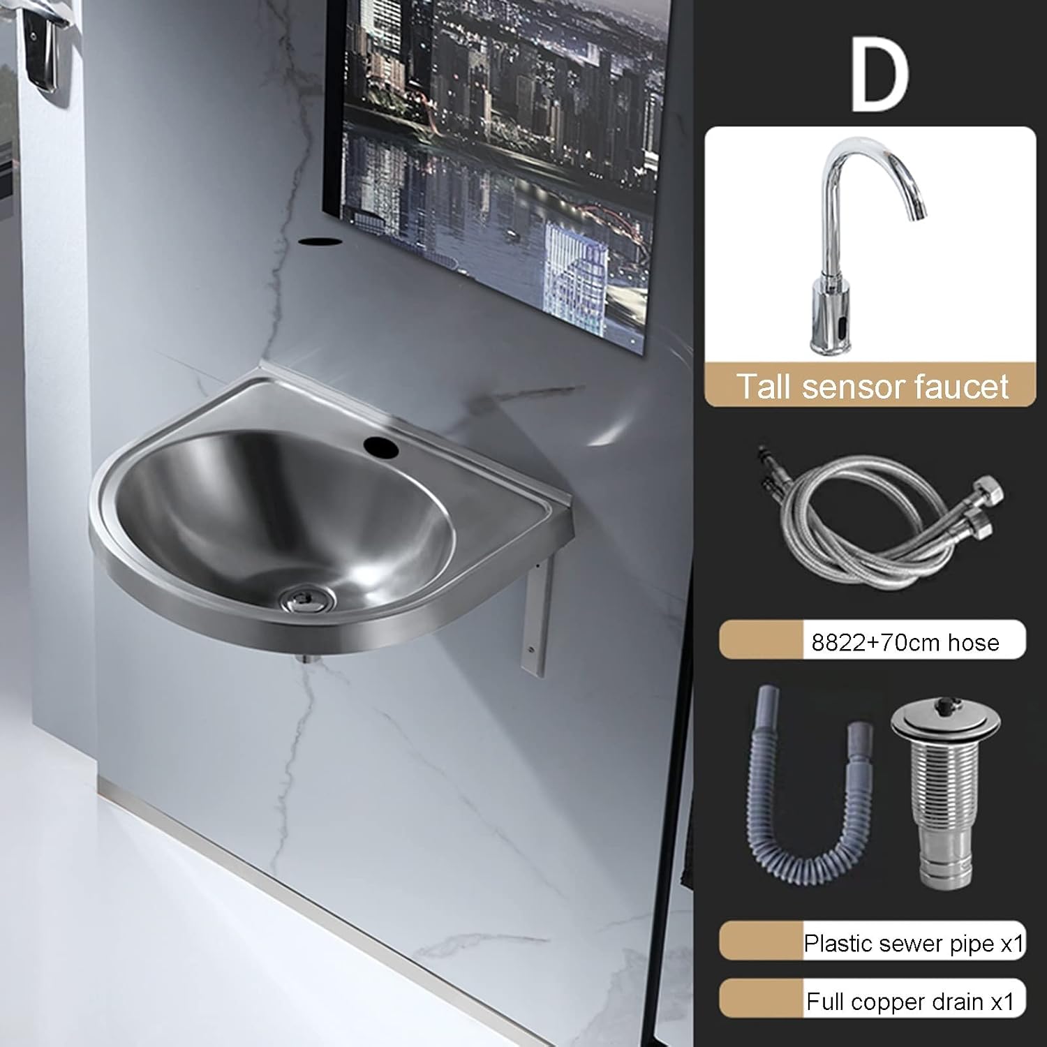 Stainless Steel Single Bowl Sink Wall-Mounted Triangle Wash Basin Kitchen Sink, Easy to Install(with Faucet and Inlet Pipe) (Color : Silver, Size : A) (Silver D)