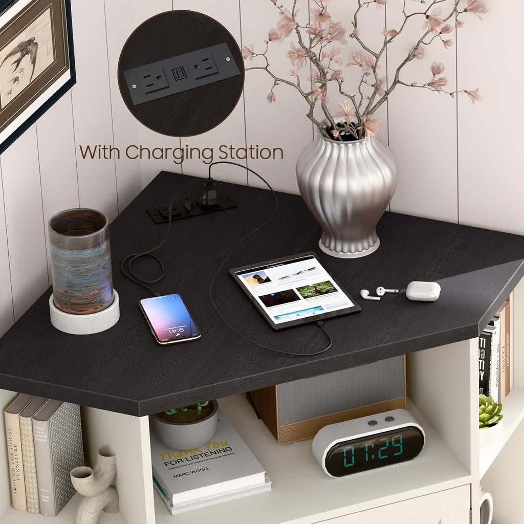 Halitaa Corner Storage Cabinet, Farmhouse Corner Bookshelf with Storage 6-Cubby Wooden Cabinet with USB Ports and Outlets Industrial Organizer for Small Space, Study, Playroom, Rustic White and Black