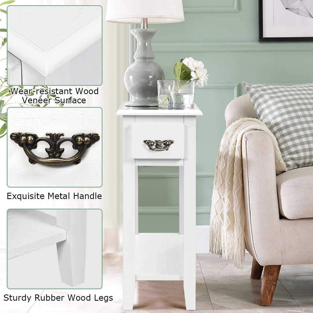 Tangkula Narrow End Table, Wood Small Side Table with Drawer & Open Shelf, Slim Nightstand for Small Spaces, Skinny Bedside Table for Living Room Bedroom, 9.8 x 23.6 x 23.6 Inches