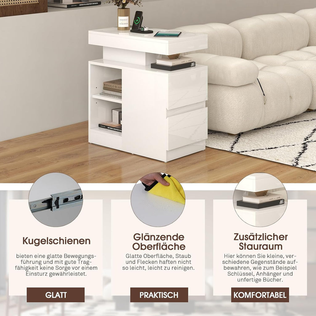 OC Orange-Casual LED End Table with Power Outlet, High Glossy Sofa Side Table, Small Nightstand with Drawer and Storage Cabinet, Narrow Side Table with Charging Station for Living Room (1,White)