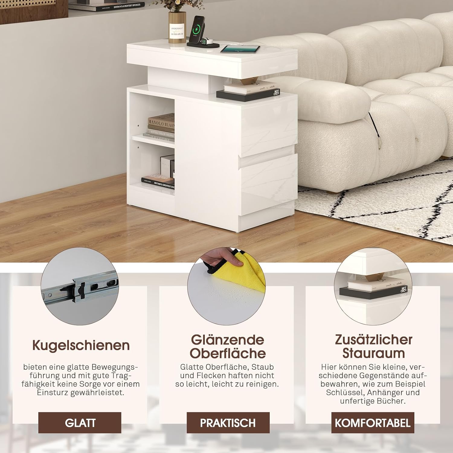 OC Orange-Casual LED End Table with Power Outlet, High Glossy Sofa Side Table, Small Nightstand with Drawer and Storage Cabinet, Narrow Side Table with Charging Station for Living Room (1,White)