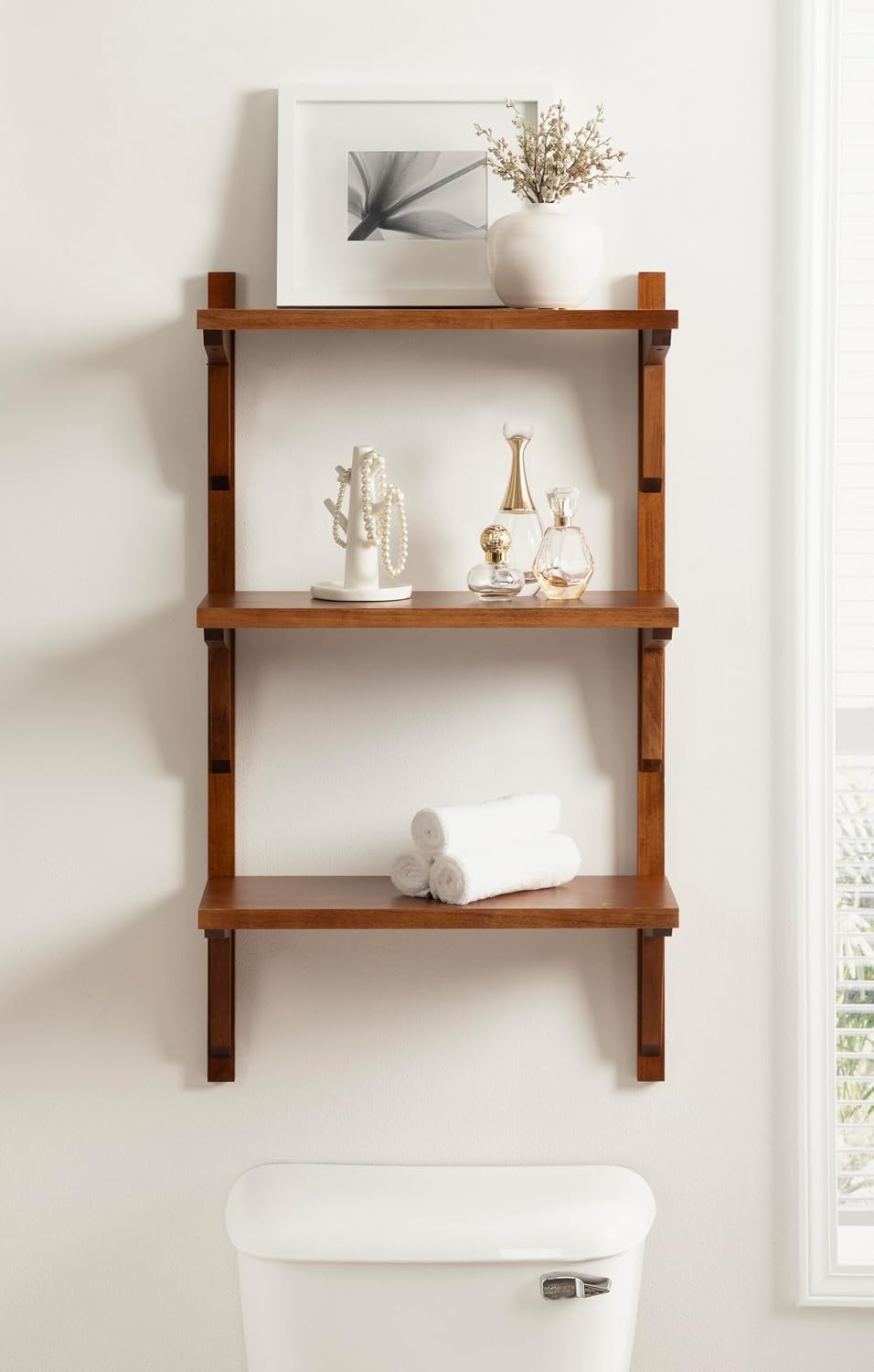 Kate and Laurel Meridien Modern Three-Tier Wooden Shelves, 18 x 9 x 32, Walnut Brown, Stunning Tiered Wall Shelf for Storage and Display as Cute Nursery Shelving or Over-the Toilet Storage