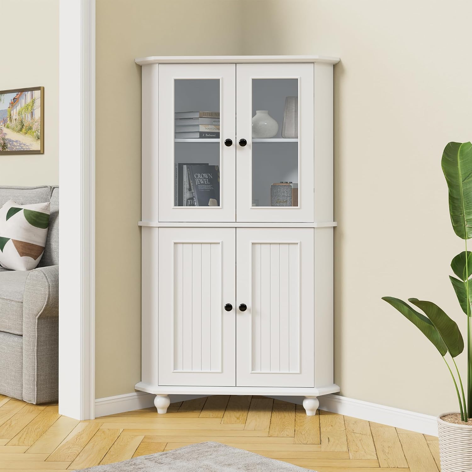 Tall Corner Cabinet with Glass Doors, White Corner Shelf for Living Room | Tempered Glass, Painted, Adjustable Shelves, Roman Column Legs, Anti-Tipping Device, Assembly Required, Large Storage Space
