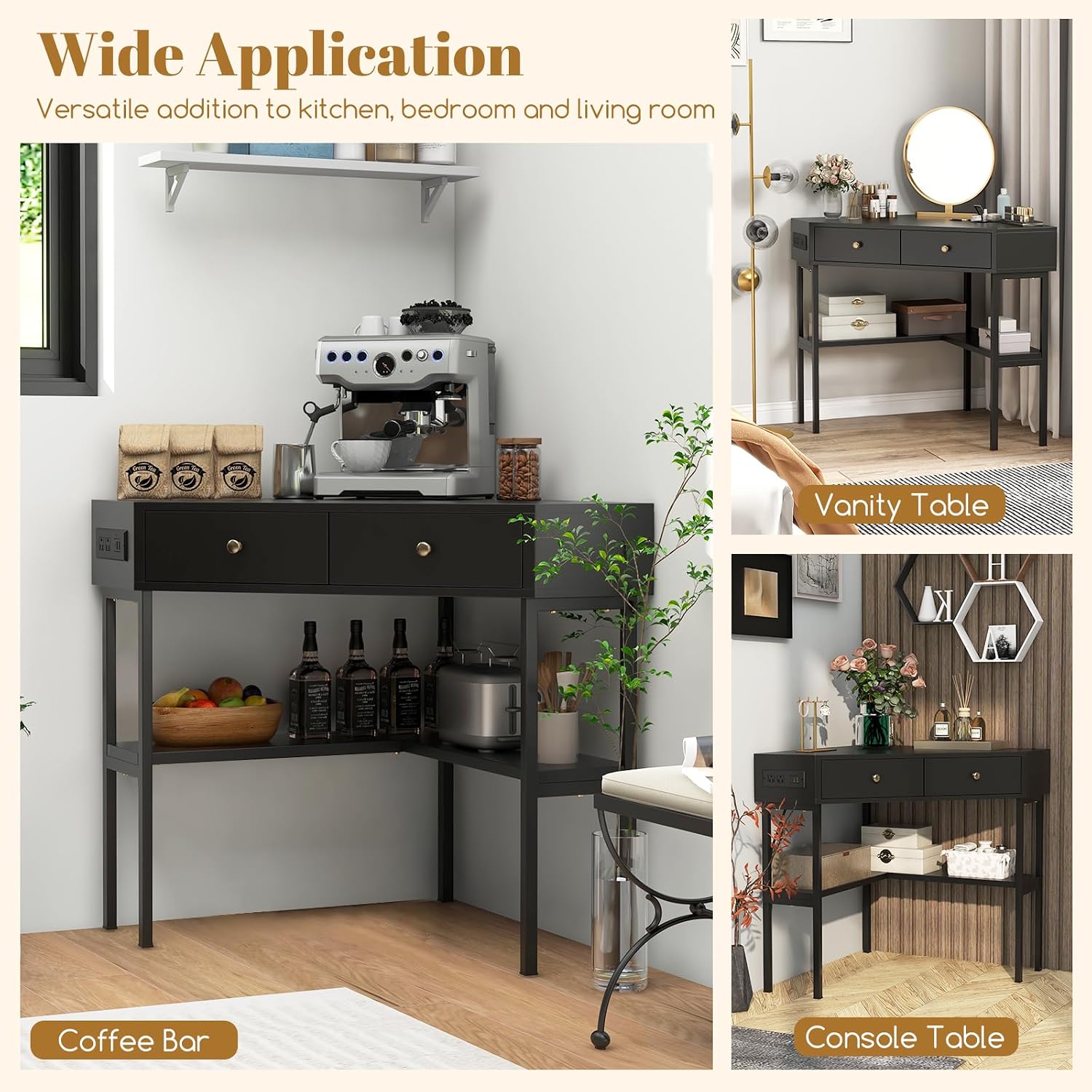 Tangkula Corner Desk with 2 Drawers & Built-in Charging Station, 90 Degrees Triangle Corner Computer Desk for Small Space, Bedroom Makeup Vanity Desk with Storage Shelves, Corner Desk (Black)