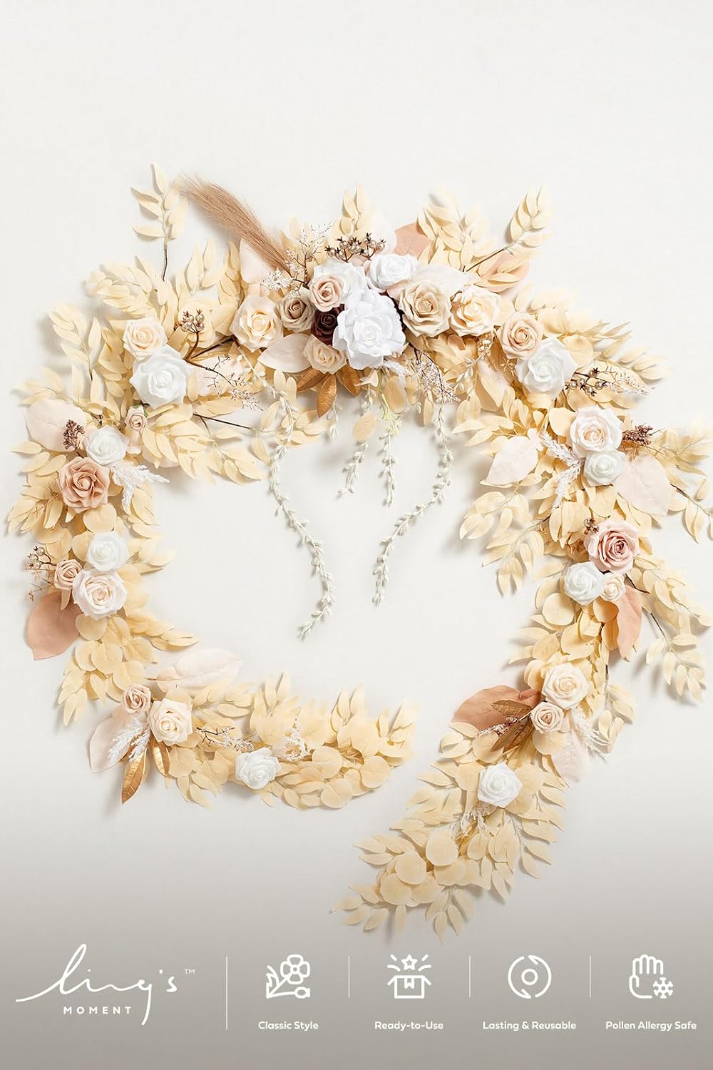 Ling's Moment 9FT Flower Garland for Backdrop Decorations - Wedding Arch Flowers, Eucalyptus & Rose, Artificial Floral Garland for Mantel - Sweetheart Table Decor for Ceremony Reception, White & Beige